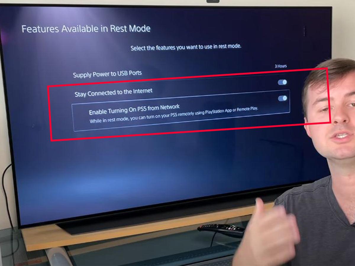 Ensure Enable Turning on PS5 from Network and Stay Connected to the Internet are turned on. (From: YouTube/John Hammer)
