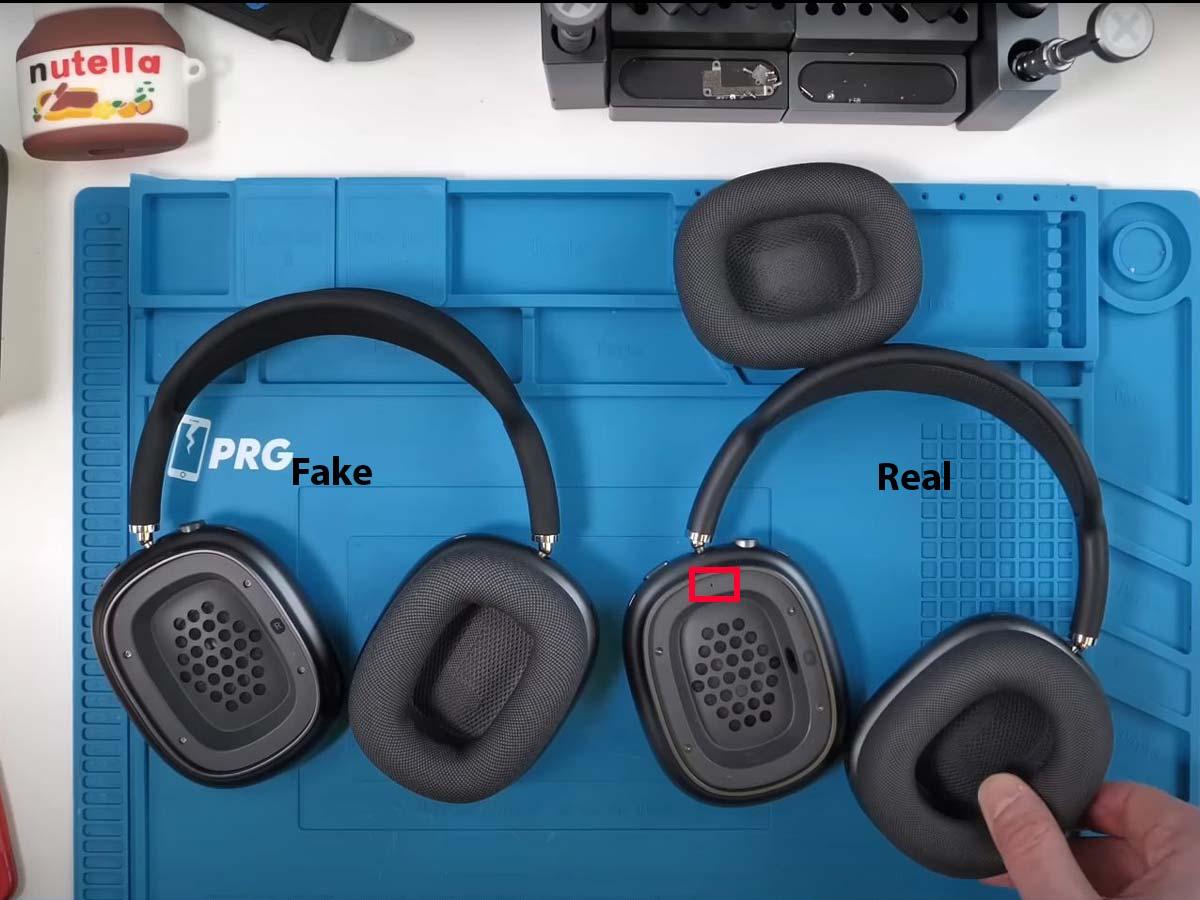 Fake AirPods Max have no pin holes inside the ear cups (From: Youtube/Phone Repair Guru)