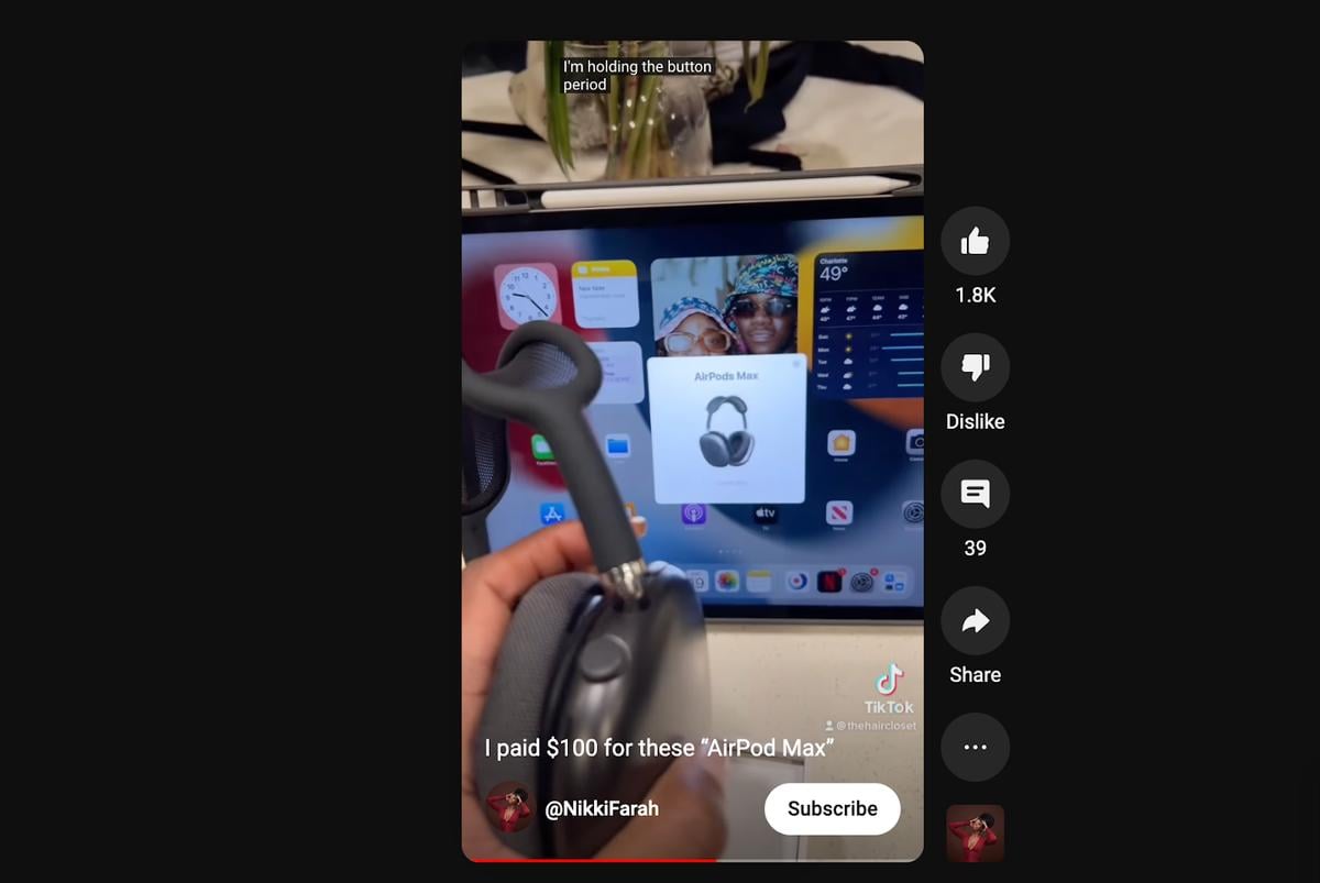 Fake AirPods Max passing the iOS 16 verification (From: Youtube/NikkiFarah) 
