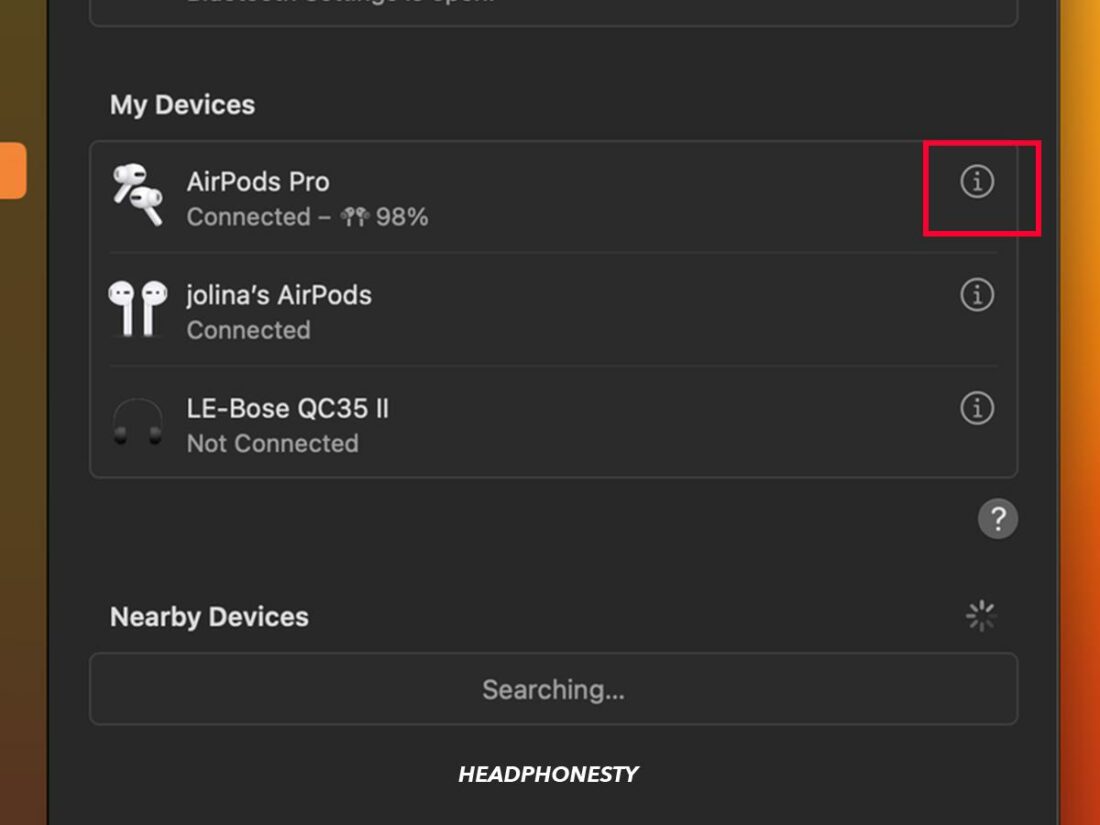 Right-click on the “i” button beside the name of the AirPods.