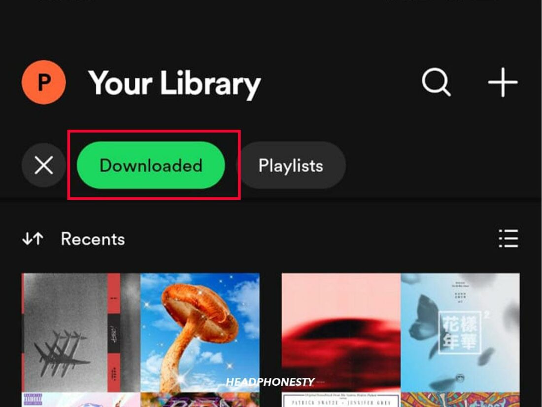 The 'Your Library' tab of Spotify mobile with the 'Downloaded' filter enabled.