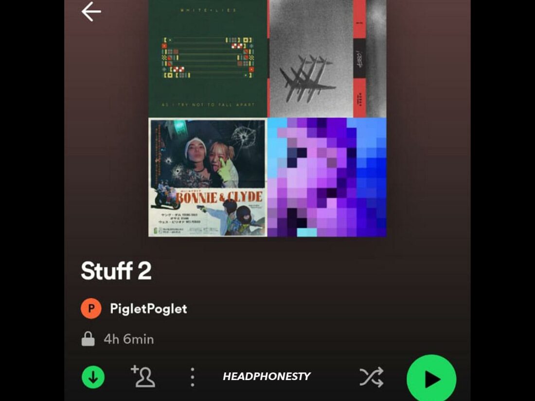 A downloaded playlist in the Spotify mobile app.