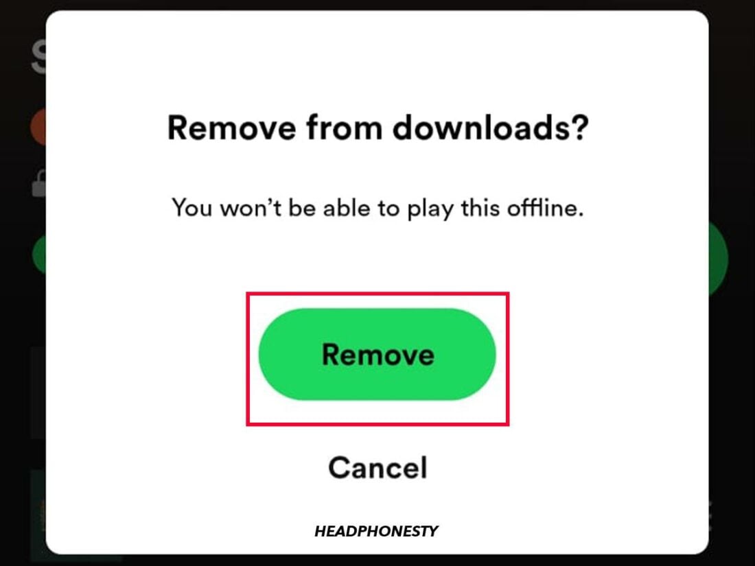 A pop-up menu asking whether the user wants to remove a playlist from their downloads.