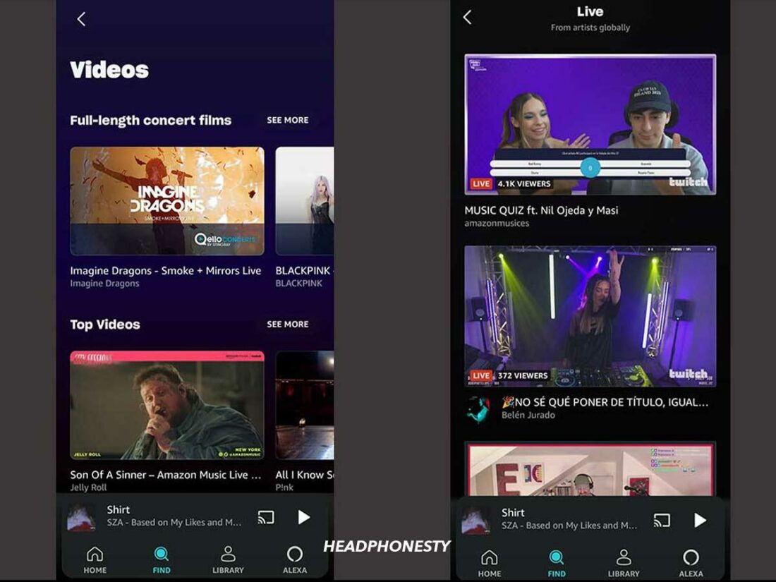 A peek at the live stream and videos tabs on the Amazon Music app.