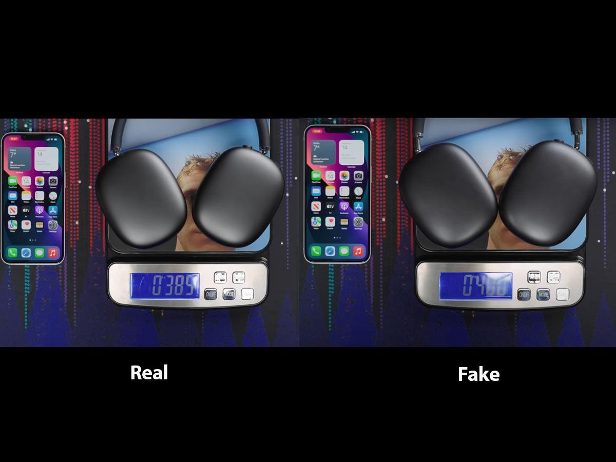 Real AirPods Max weighing slightly less than fake AirPods Max. (From: Youtube/Linus Tech Tips)