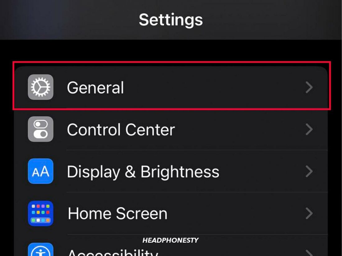 'General' settings in iOS.