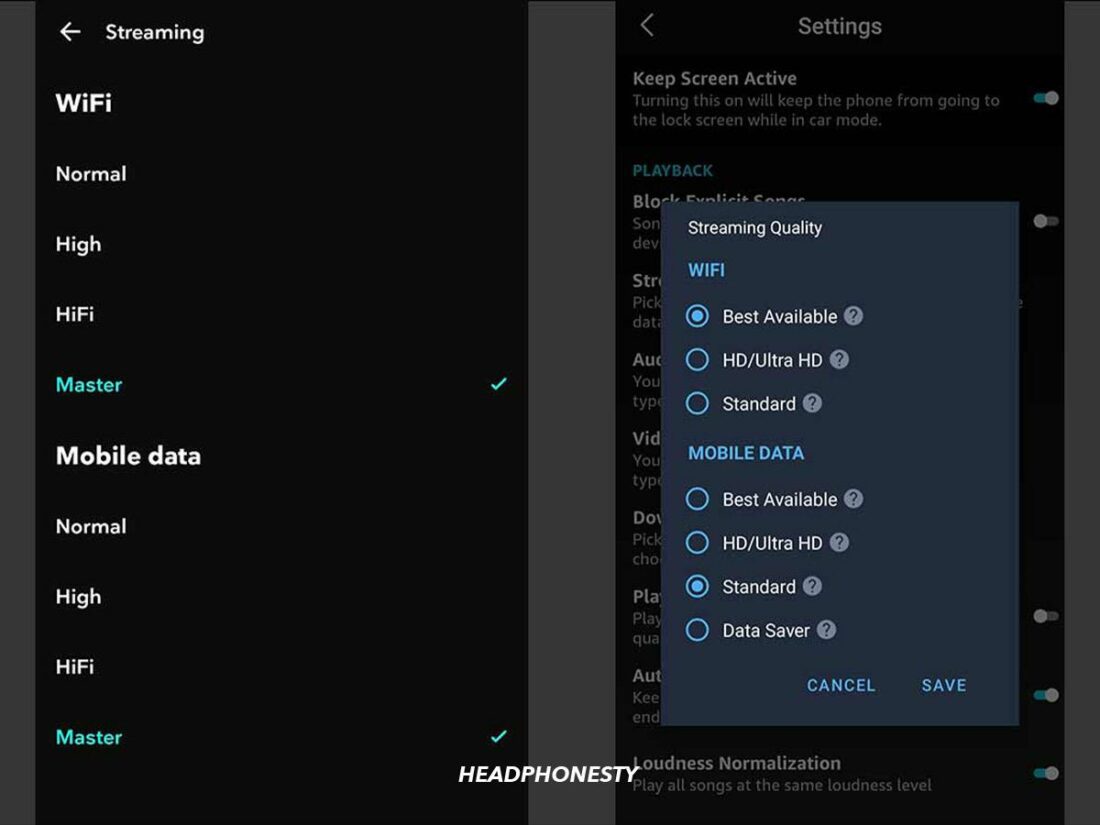 A look at the different audio quality settings on Amazon Music and Tidal.