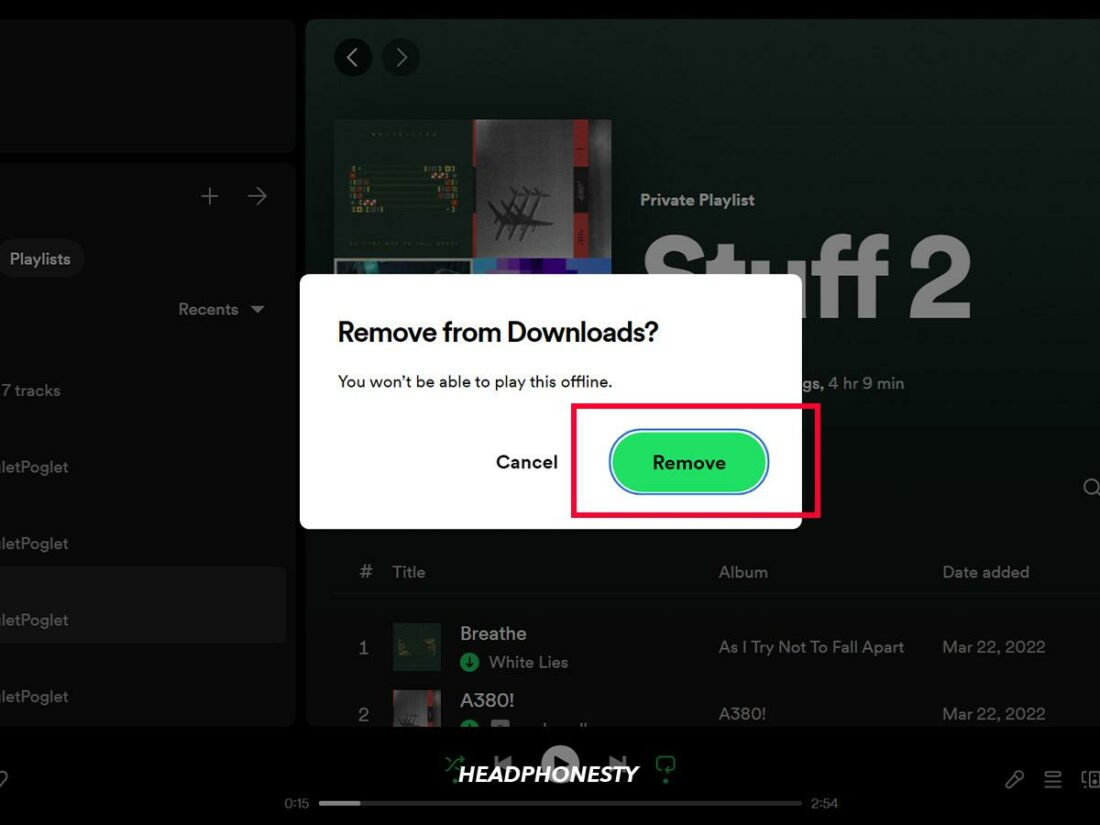 A pop-up asking if the user wants to remove the playlist from their downloads in the Spotify desktop app.
