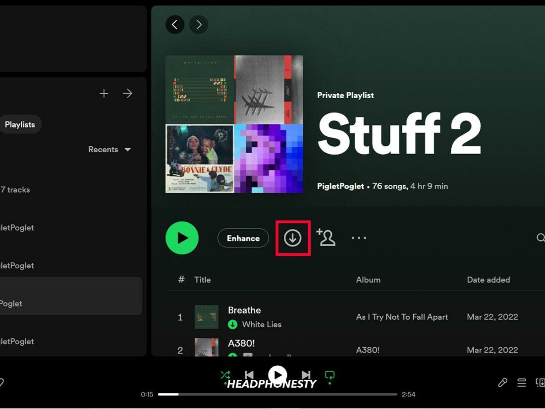 The same playlist with a grayed-out arrow showing that it has been removed from downloads in the Spotify desktop app.
