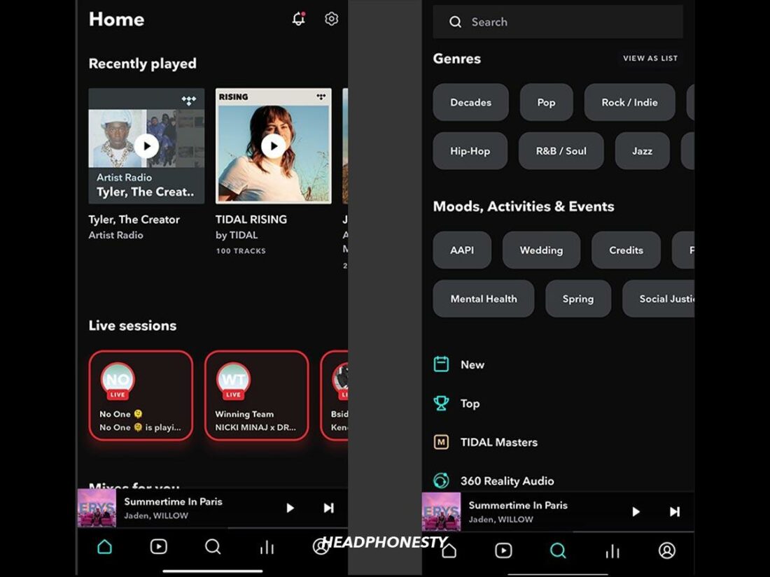 A quick look at the user interfaces on Tidal mobile app.