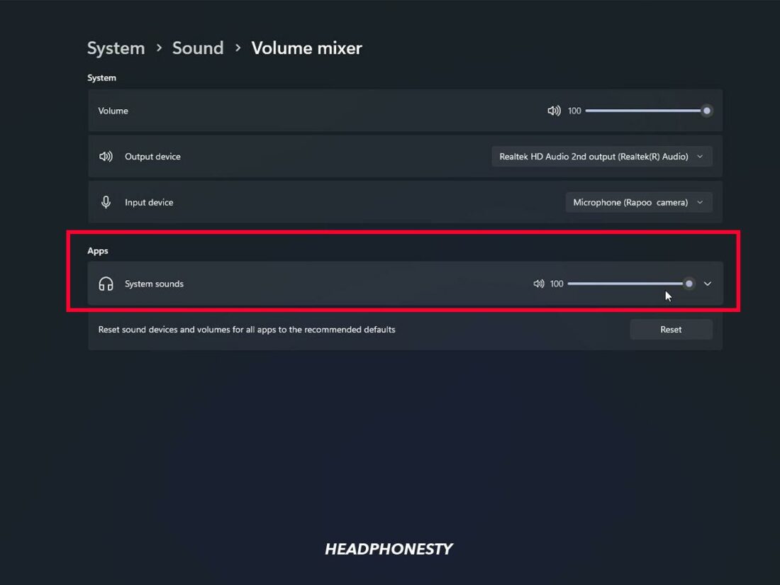 System sounds volume slider