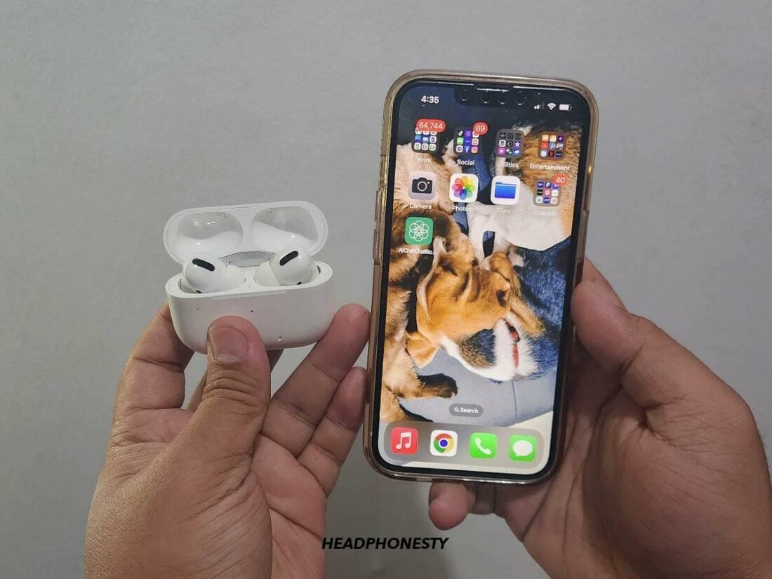 Put your AirPods in their case and hold them close to your device. Open the lid.