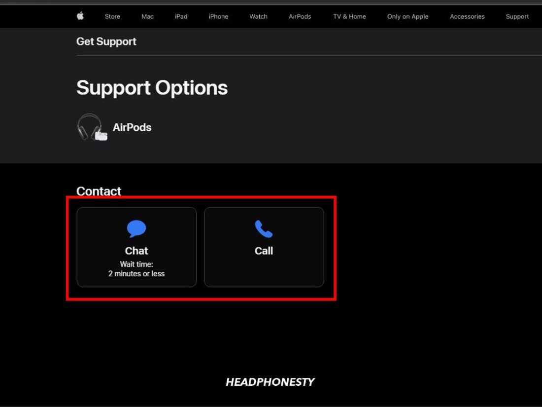 Contact options for Apple Support.