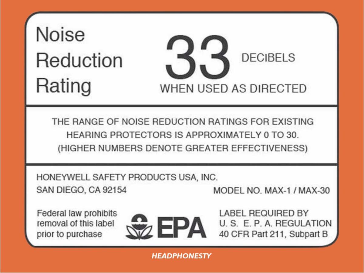 Noise Reduction Rating label for a hearing protection device.
