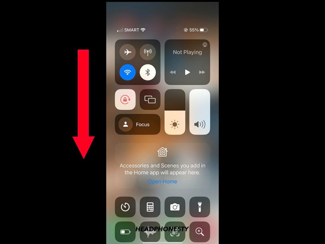 Swipe down from the top of the screen to access the Control Center.