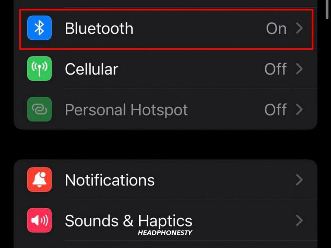 'Bluetooth' highlighted in Settings.