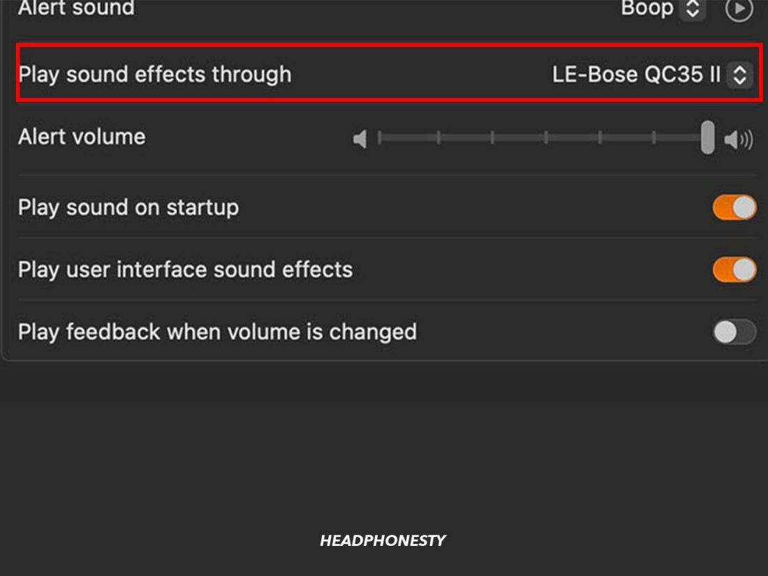 Click on the drop down list beside 'Play sound effects through.'