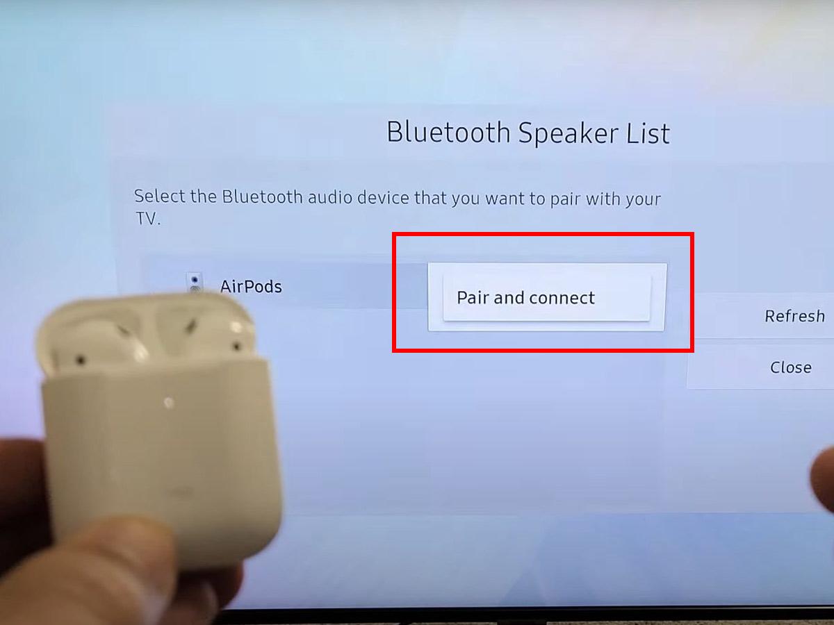 Select your AirPods and press 'Pair and connect.' (From: Youtube/WorldofTech)