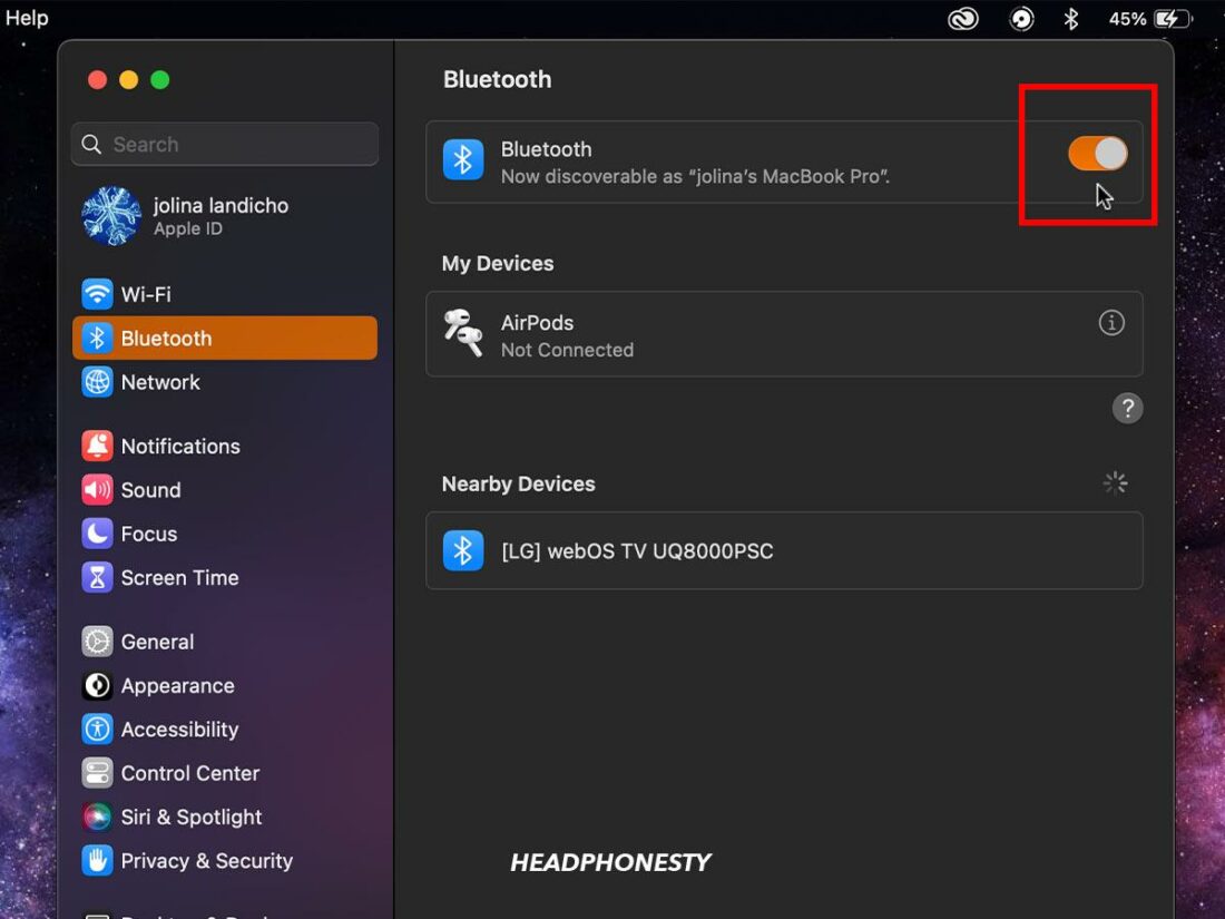 Slide the toggle to turn on Bluetooth.