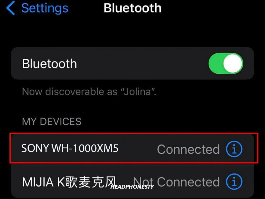 Sony Bluetooth headphones connected.