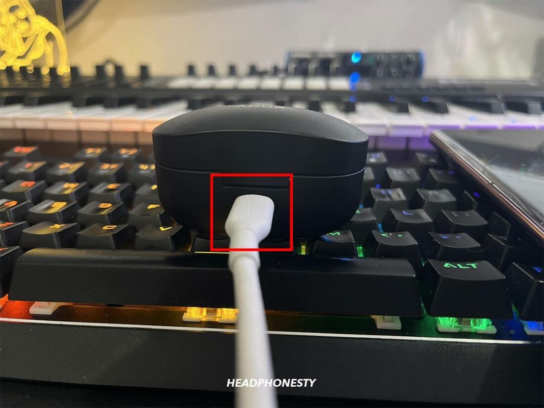 Connect your earbuds to the other end of the OTG cable.