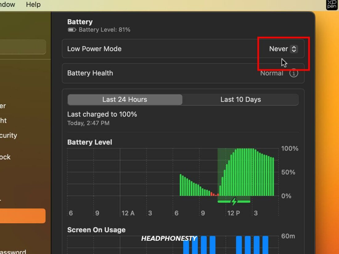 Turning off Low Power Mode on Mac.