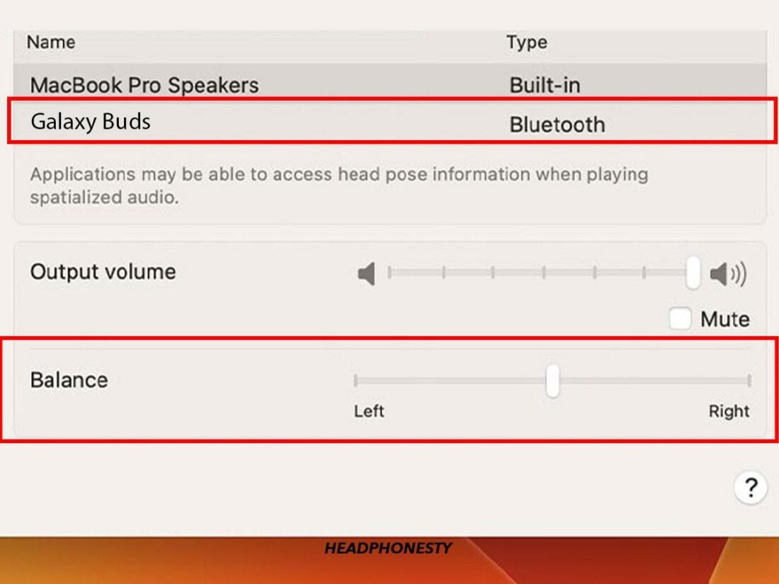 Select your earbuds from the list of output devices and drag the Balance slider to the left or right.