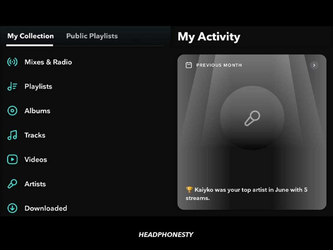 The menu of the 'Library' tab and the 'My Activity' tab on the Tidal mobile app.