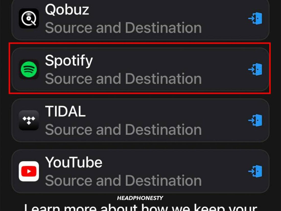 Selecting Spotify from list of available services