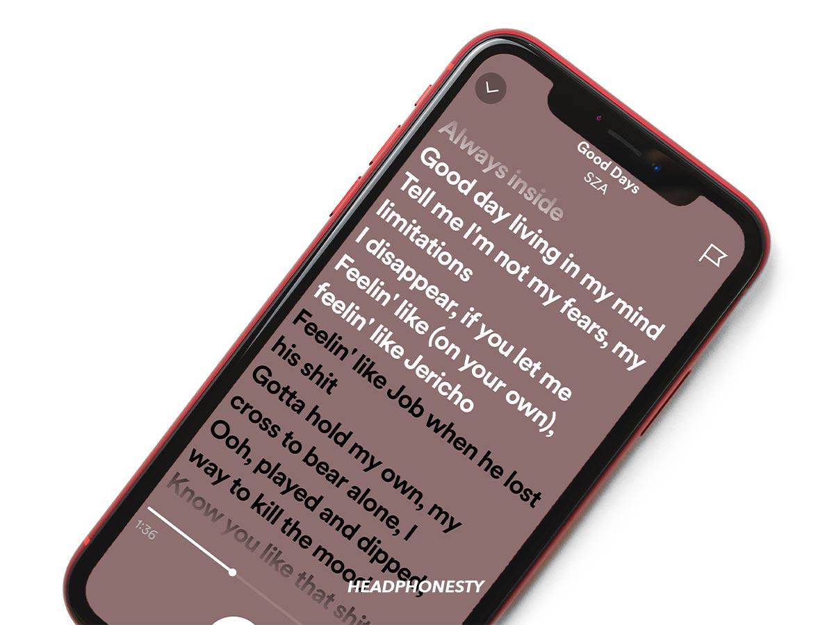 Full-screen lyrics on the Spotify mobile app.