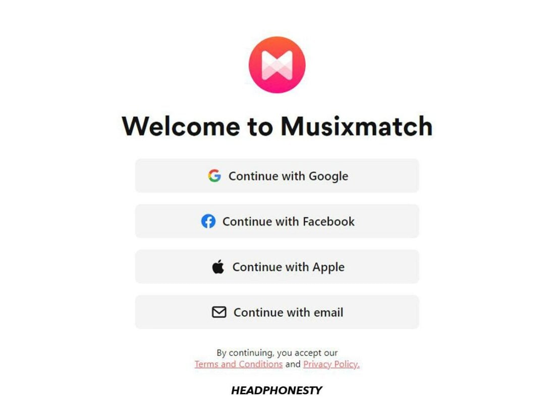 Musixmatch offers a variety of sign up/sign in options.