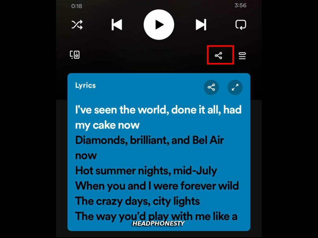 Share Spotify Lyrics on social media by tapping the share button.