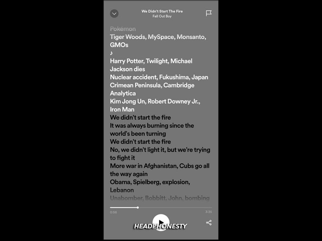 Spotify lyrics in full-screen mode.