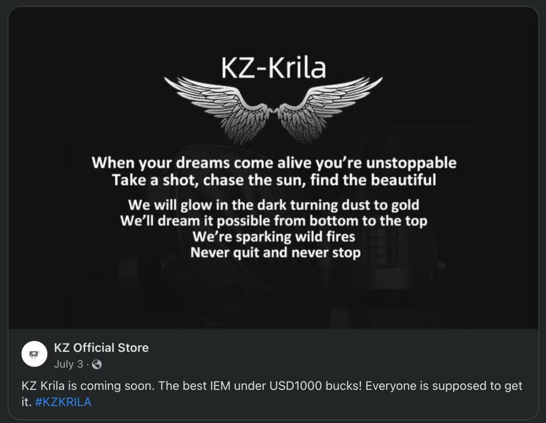 KZ claims the Krila is The best IEM under USD1000 bucks! (From: facebook.com)