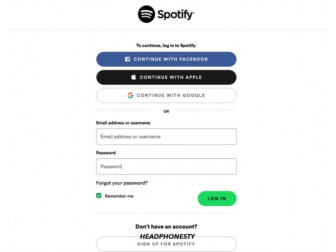 Spotify log in page.