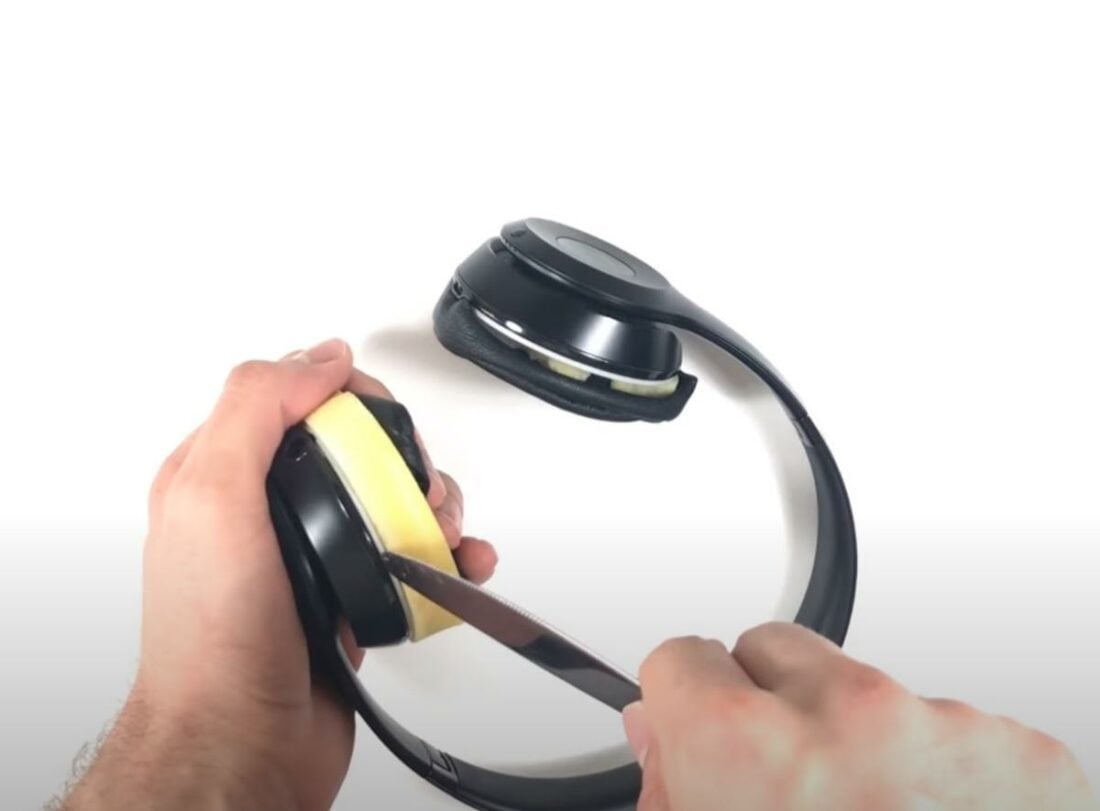 Remove ear pads carefully with a knife to avoid breakage. (From YouTube/Wicked Cushions)