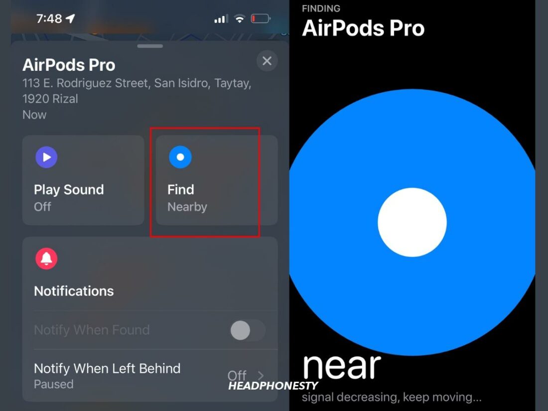Использование функций находки для поиска Airpods Pro