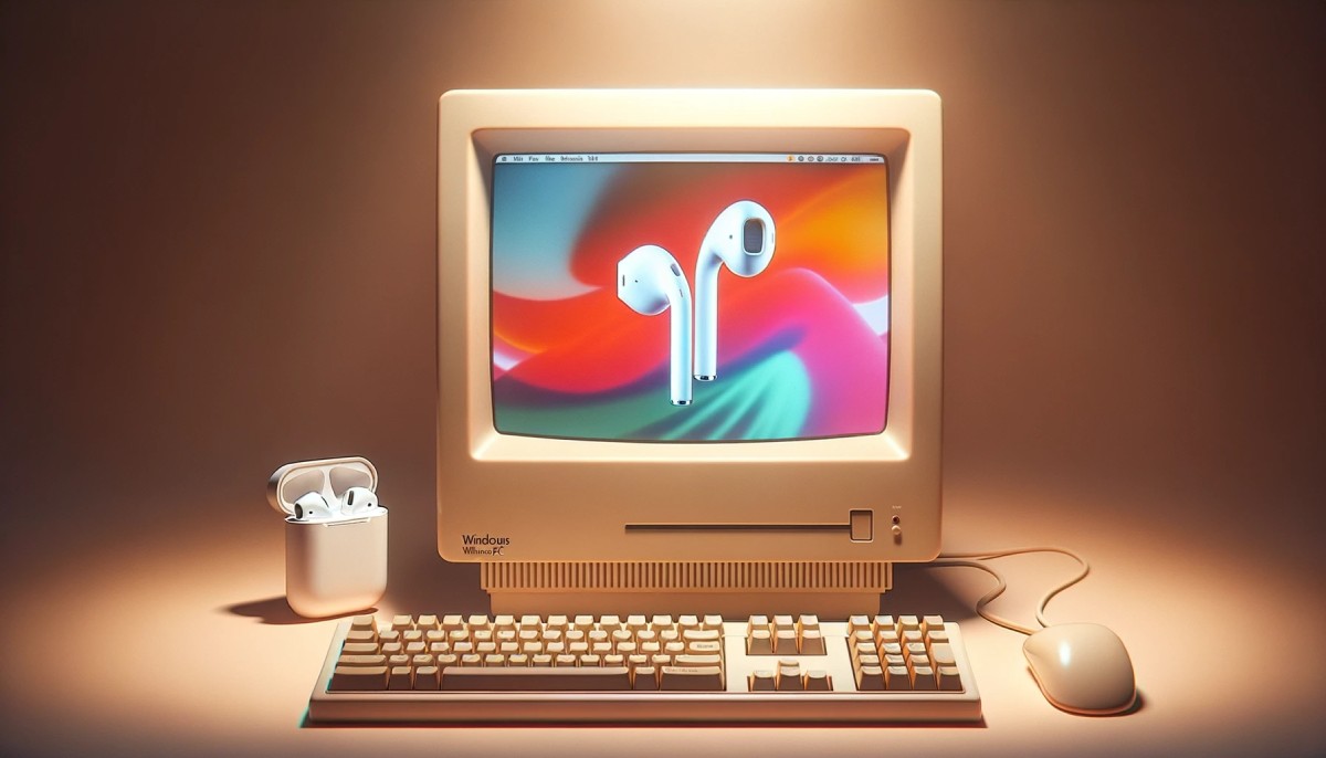 A vintage Windows PC desktop featuring a high-resolution digital art piece of AirPods on the screen.