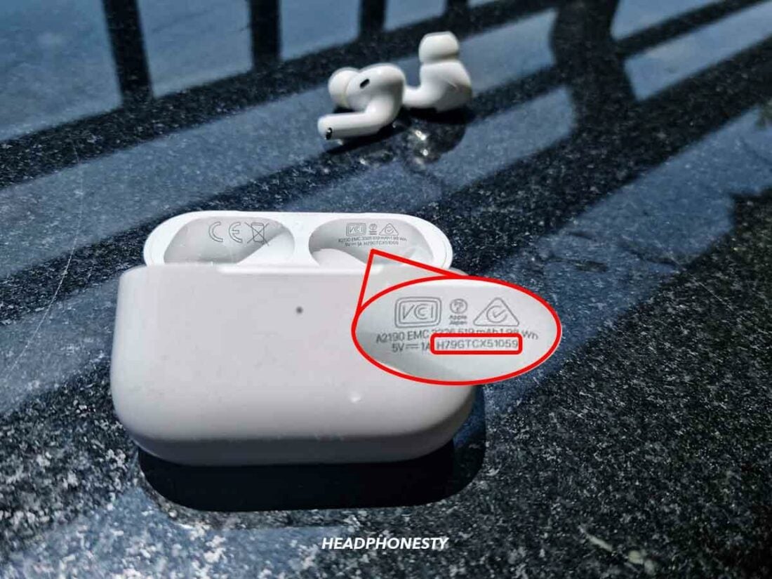 AirPods' serial number on the case