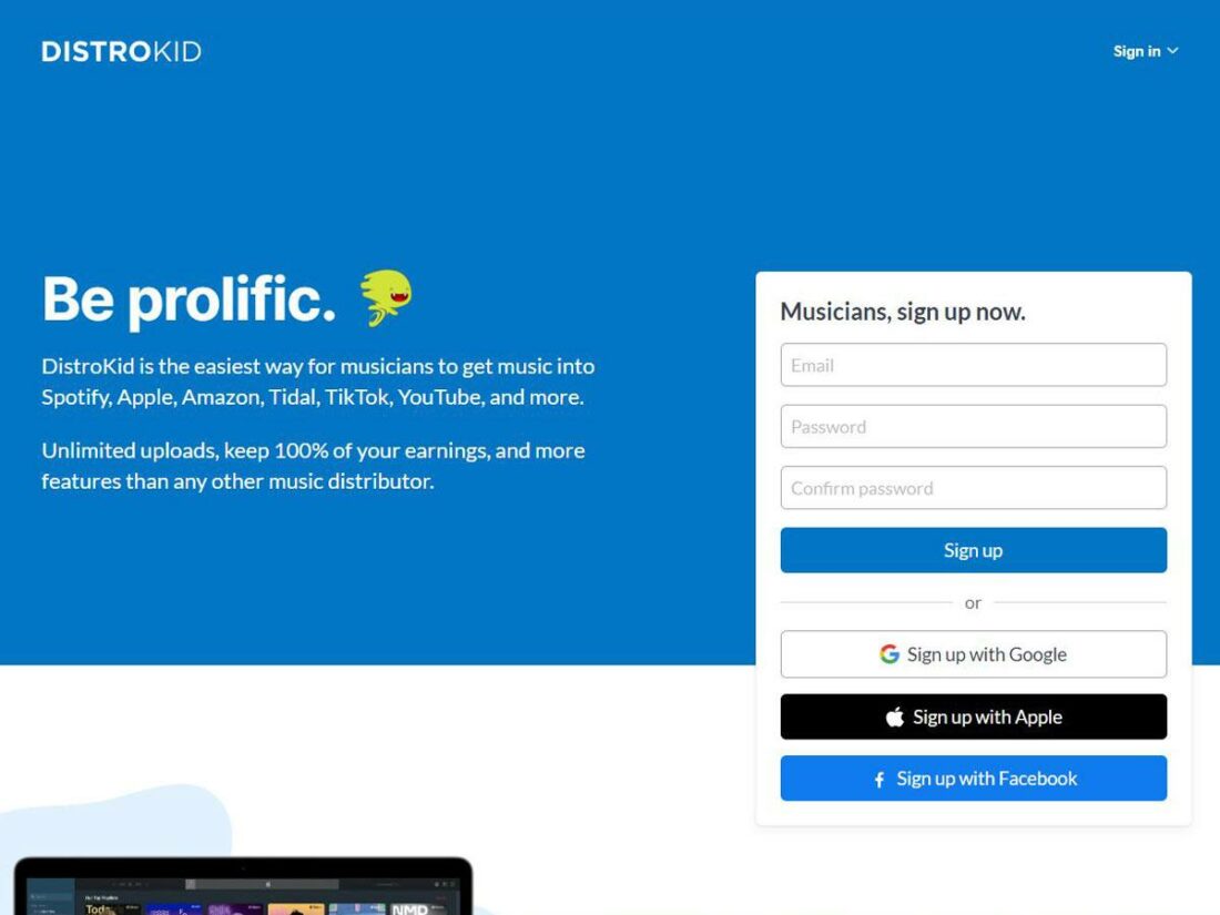 Sign up to DistroKid