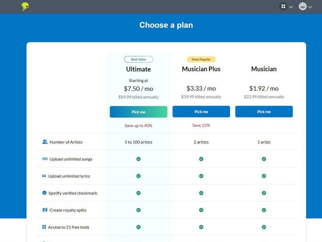 DistroKid subscription plans to choose from