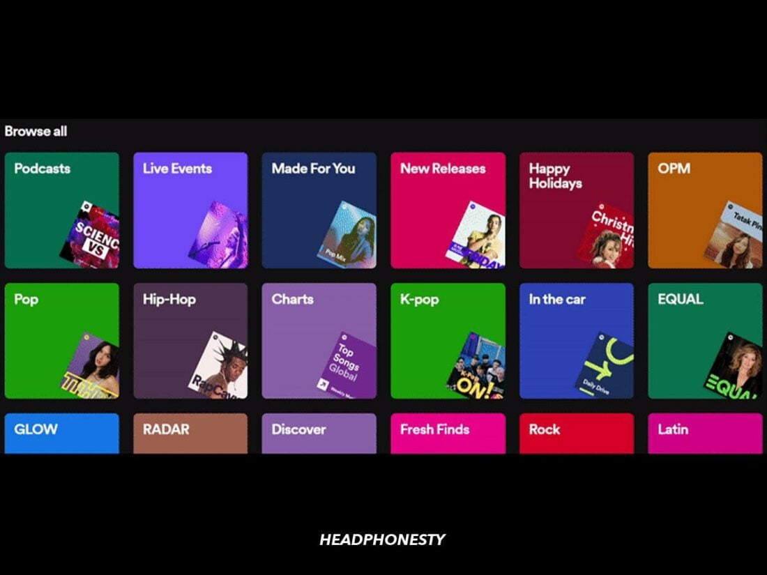 Music genres in Spotify's 'Browse' section.