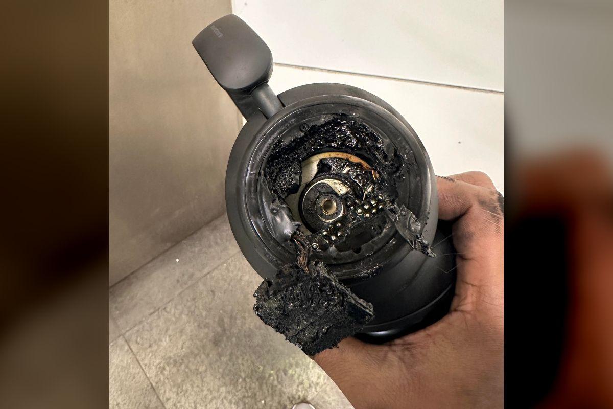 A Soundcore Q45 headphones melted and burned while on a Redditor's backpack (From: Reddit/Quincy)