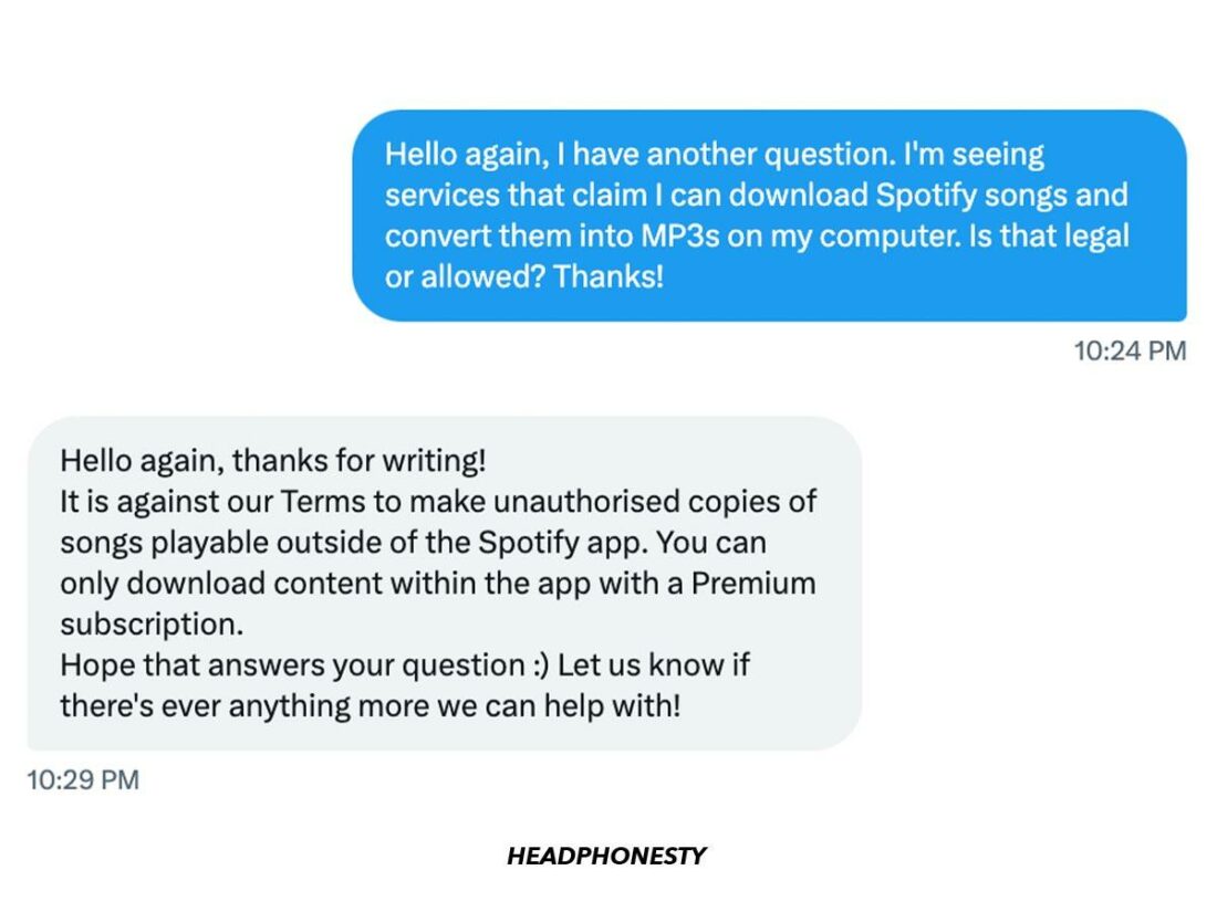 Spotify support says it's against the terms to convert songs to MP3s