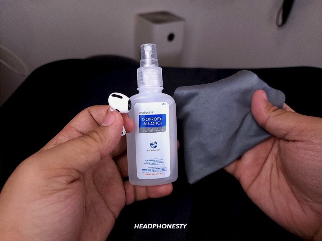 Lint-free cloth with isopropyl alcohol to wipe AirPods.