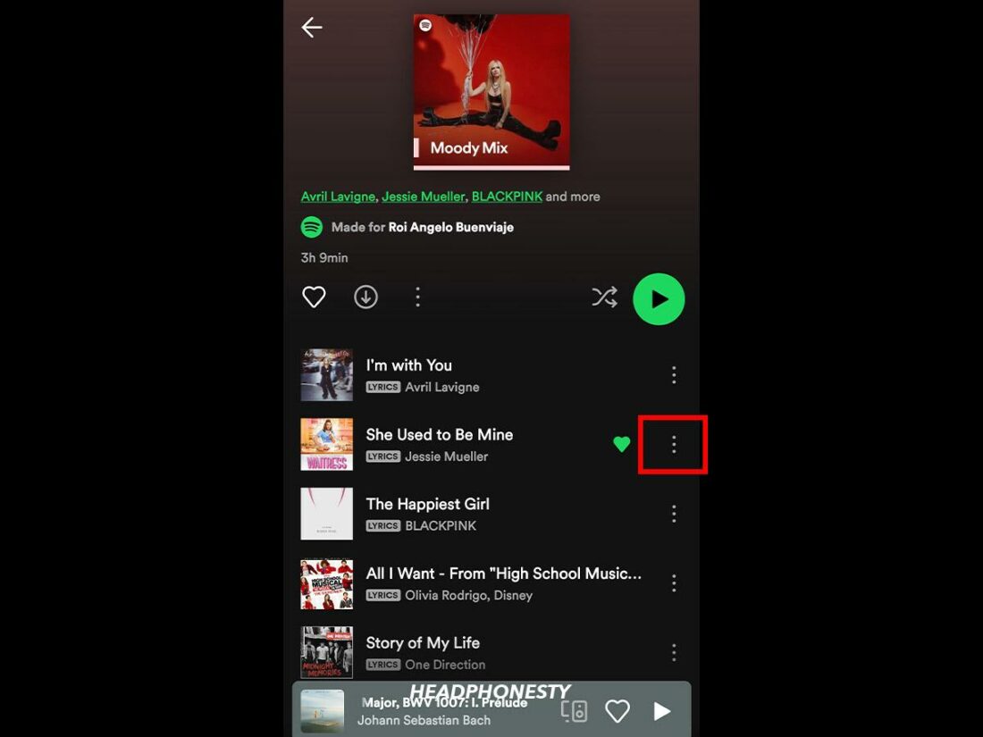 Spotify playlist showing the three dots near the song title to add a song