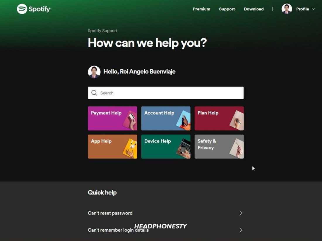 Spotify Customer support/contact page
