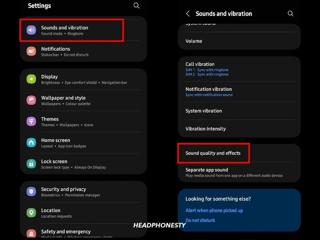 Select 'Sounds and vibration' and 'Sound quality and effects' in Settings on Android