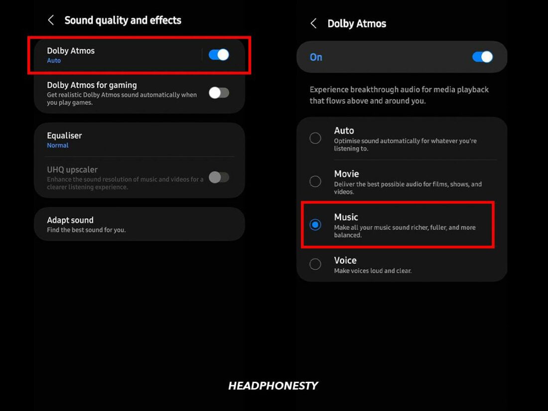 Enable Dolby Atmos and select 'Music' on Android