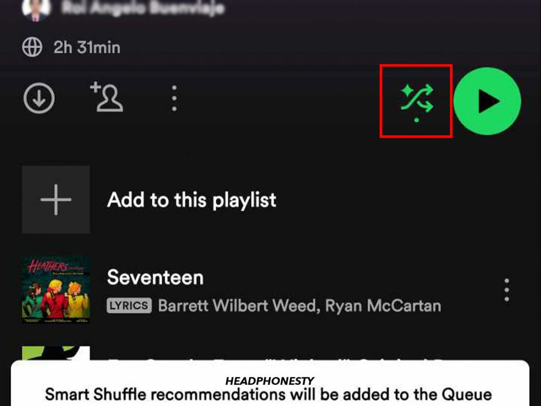 Spotify Smart shuffle icon on mobile app.